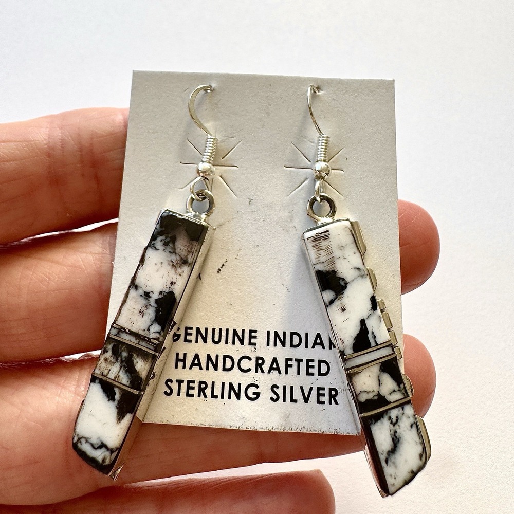 Long Navajo White Buffalo Earrings 2" Sterling 925 Signed B Etcitty Native Amer - Picture 3 of 8